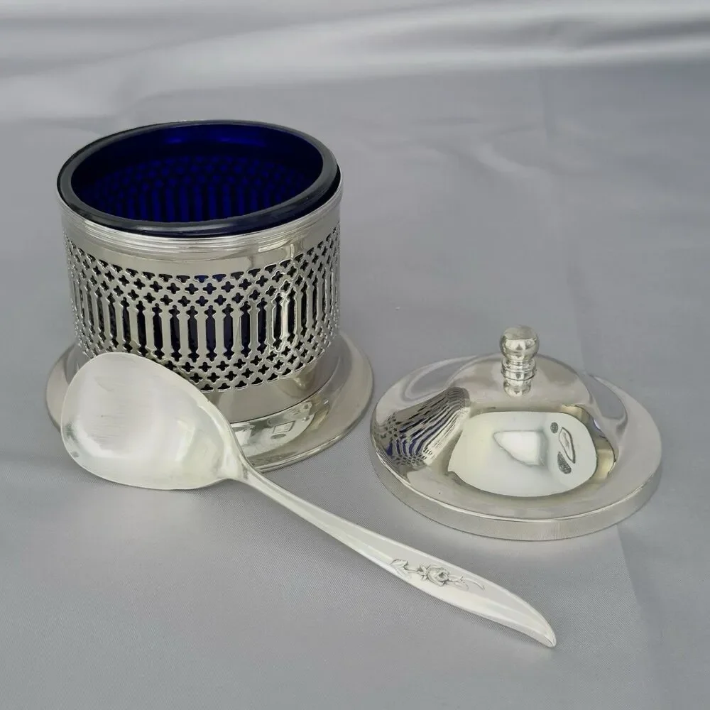 England Silver Plated Condiment Jar Lid Cobalt Blue Glass Insert & Spoon Reticul
